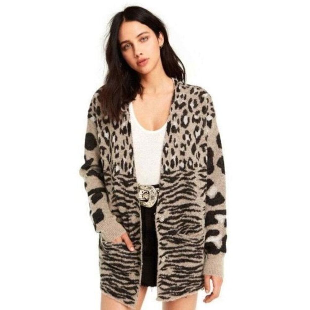Wildfox Wool Alpaca Blend Avani Animal Print Oversized Cardigan Sweater Size M